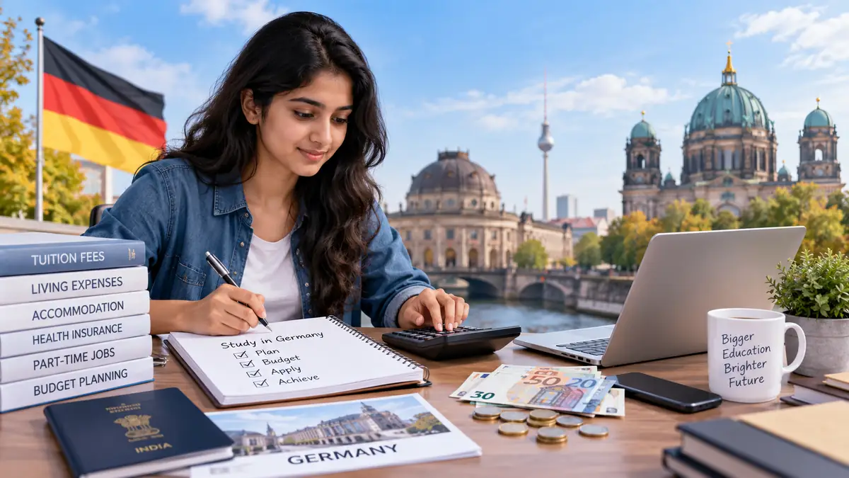 Indian student calculating tuition and living costs for studying a Master's in Germany